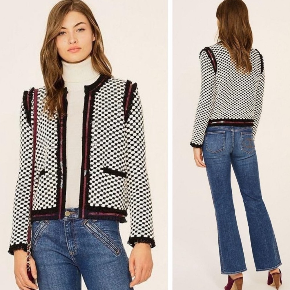 Tory Burch Petra Sequin Embellished Wool jacket in Checkered Size L